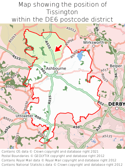 Map showing location of Tissington within DE6