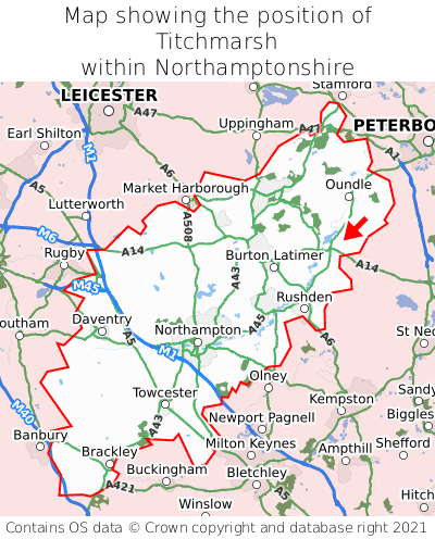 Map showing location of Titchmarsh within Northamptonshire
