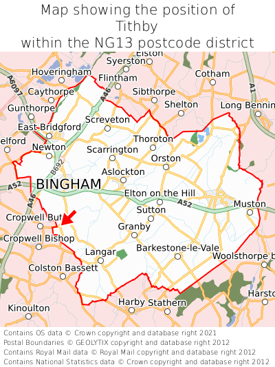 Map showing location of Tithby within NG13