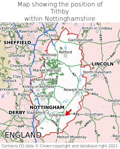 Map showing location of Tithby within Nottinghamshire