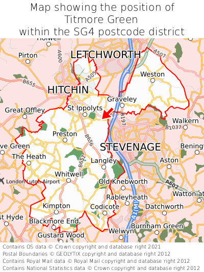 Map showing location of Titmore Green within SG4