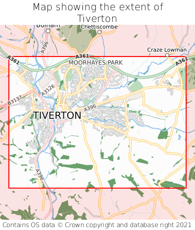 Map showing extent of Tiverton as bounding box