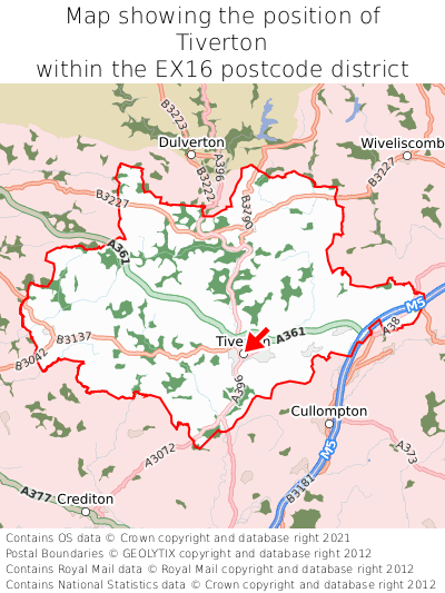 Map showing location of Tiverton within EX16