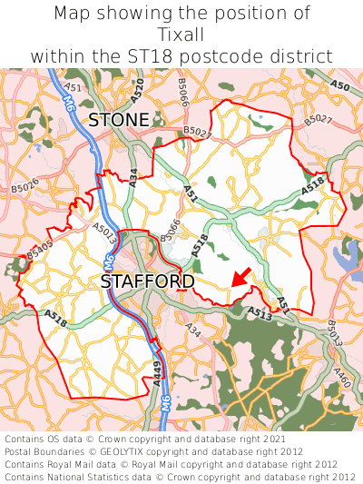 Map showing location of Tixall within ST18