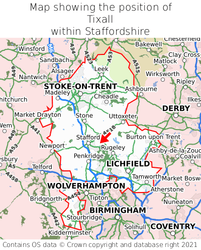 Map showing location of Tixall within Staffordshire