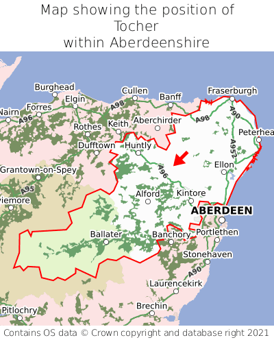 Map showing location of Tocher within Aberdeenshire