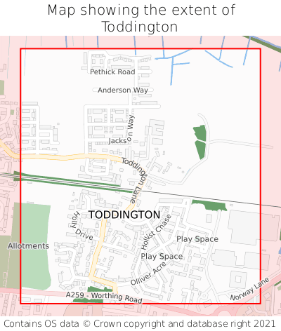 Map showing extent of Toddington as bounding box