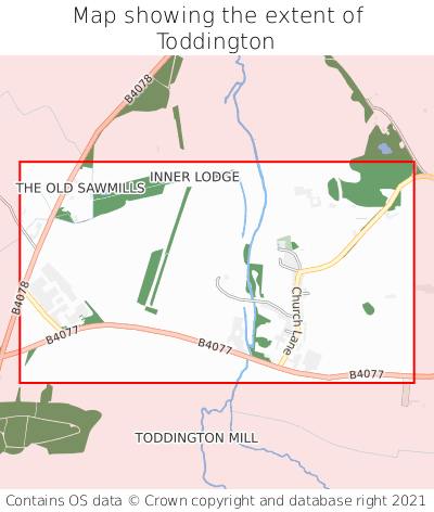 Map showing extent of Toddington as bounding box