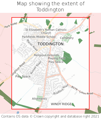 Map showing extent of Toddington as bounding box