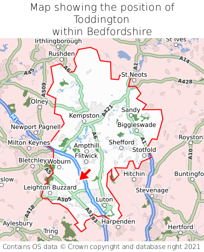Map showing location of Toddington within Bedfordshire
