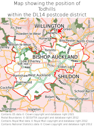 Map showing location of Todhills within DL14