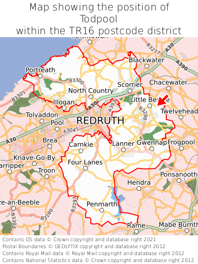 Map showing location of Todpool within TR16