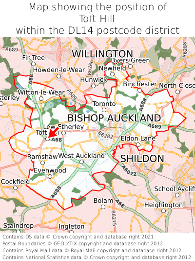 Map showing location of Toft Hill within DL14