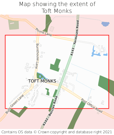 Map showing extent of Toft Monks as bounding box