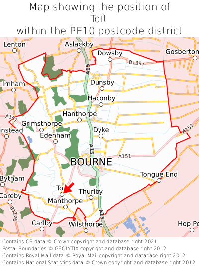 Map showing location of Toft within PE10
