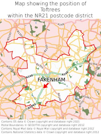 Map showing location of Toftrees within NR21