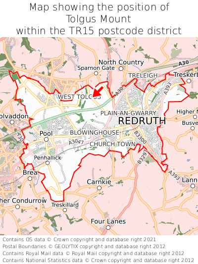 Map showing location of Tolgus Mount within TR15