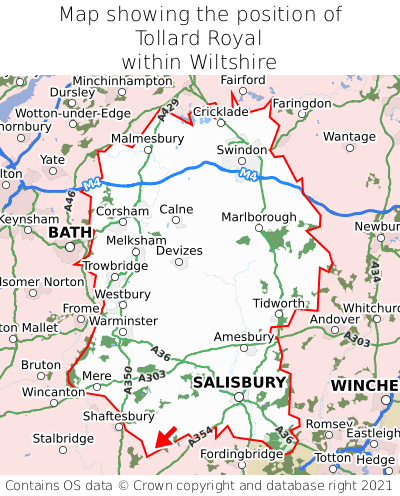 Map showing location of Tollard Royal within Wiltshire