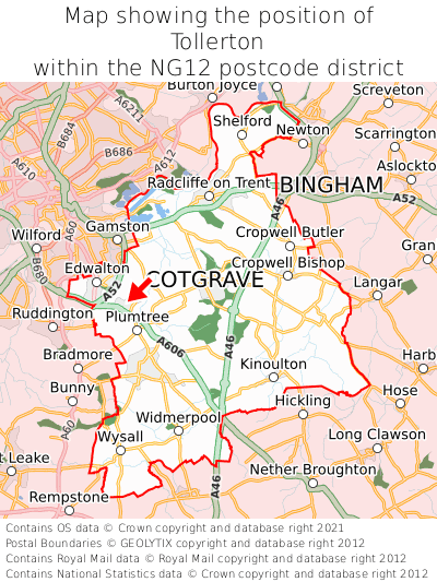 Map showing location of Tollerton within NG12