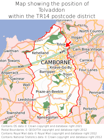 Map showing location of Tolvaddon within TR14