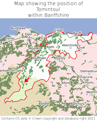 Map showing location of Tomintoul within Banffshire