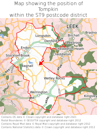 Map showing location of Tompkin within ST9