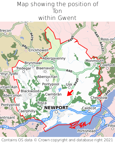 Map showing location of Ton within Gwent