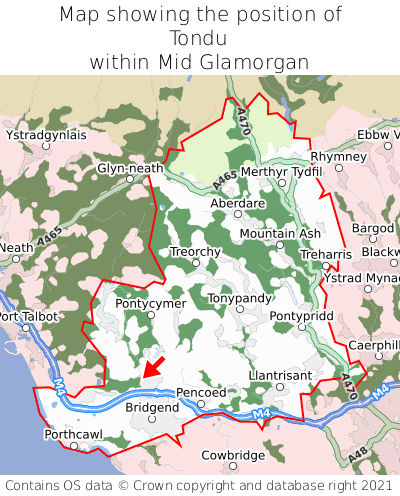 Map showing location of Tondu within Mid Glamorgan