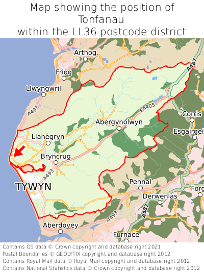 Map showing location of Tonfanau within LL36
