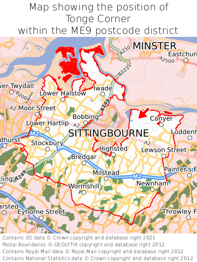 Map showing location of Tonge Corner within ME9