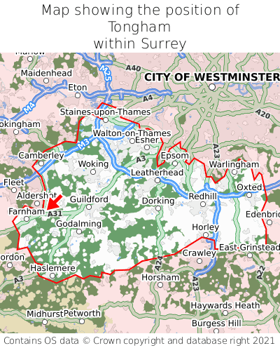 Map showing location of Tongham within Surrey