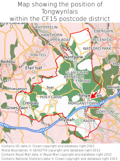 Map showing location of Tongwynlais within CF15