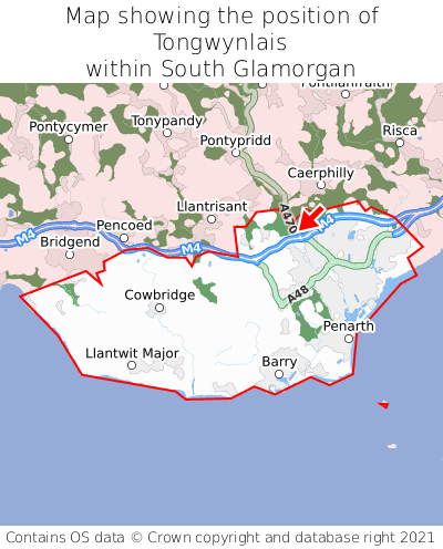 Map showing location of Tongwynlais within South Glamorgan