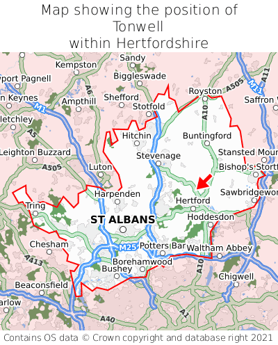 Map showing location of Tonwell within Hertfordshire