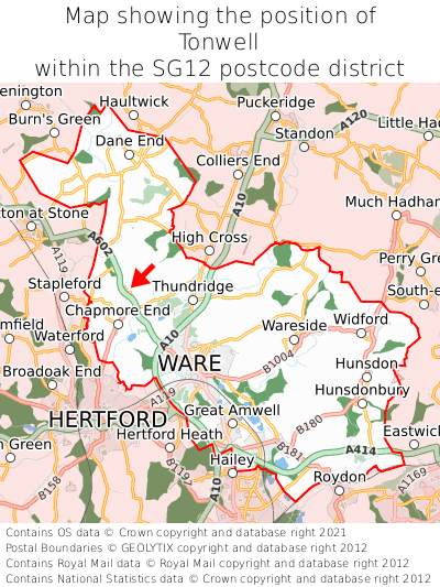 Map showing location of Tonwell within SG12