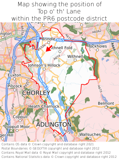 Map showing location of Top o' th' Lane within PR6