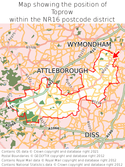 Map showing location of Toprow within NR16