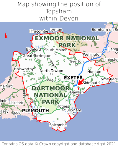 Map showing location of Topsham within Devon