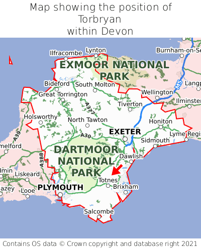 Map showing location of Torbryan within Devon