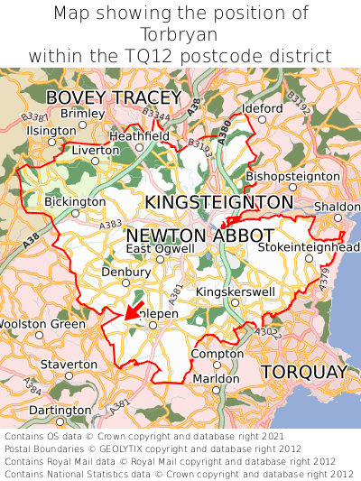 Map showing location of Torbryan within TQ12