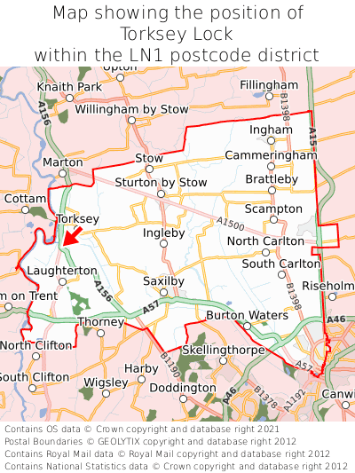 Map showing location of Torksey Lock within LN1