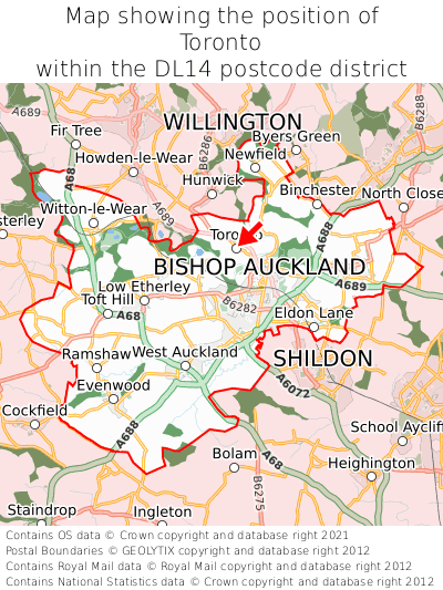 Map showing location of Toronto within DL14