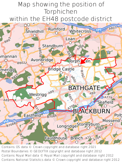 Map showing location of Torphichen within EH48