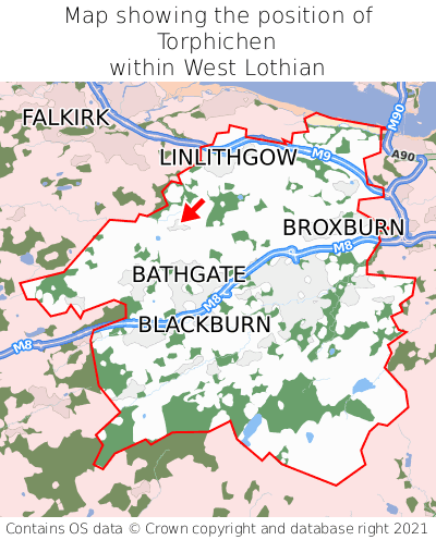 Map showing location of Torphichen within West Lothian