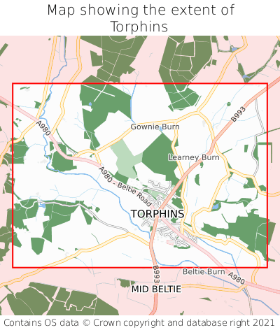 Map showing extent of Torphins as bounding box