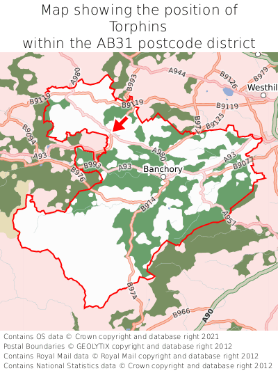 Map showing location of Torphins within AB31