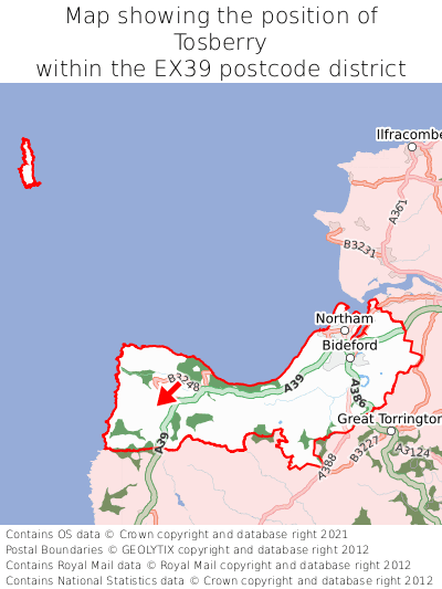 Map showing location of Tosberry within EX39