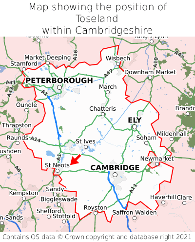 Map showing location of Toseland within Cambridgeshire