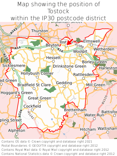 Map showing location of Tostock within IP30