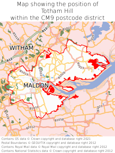 Map showing location of Totham Hill within CM9